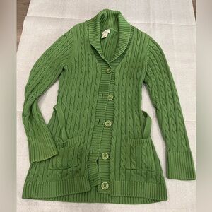 [S]L.L. Bean Forest Green Cable Knit Cotton Belted Long Button Cardigan RARE